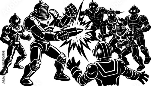 A group of cartoon characters are fighting with a robot        
