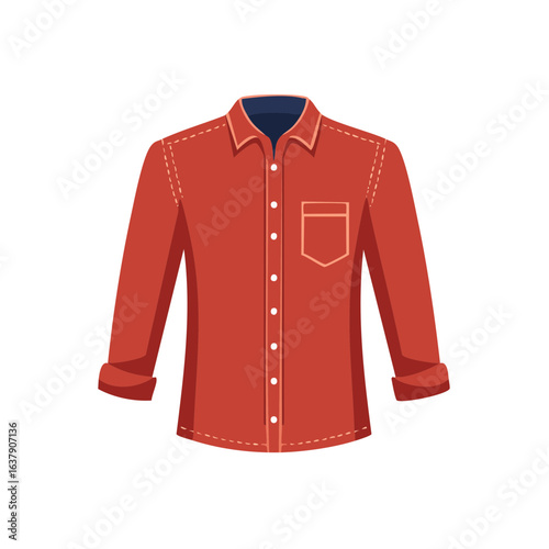Red Button Down Shirt Illustration with Long Sleeves and Pocket for Fashion or Design Element on a Black Background