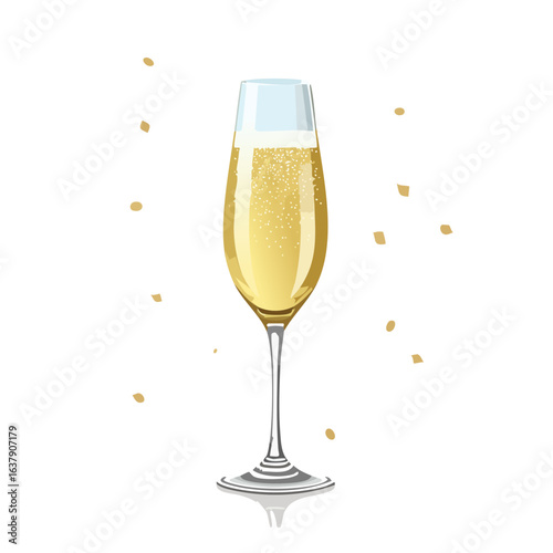 Celebratory champagne flute filled with bubbly and confetti on a black backdrop for festive occasions