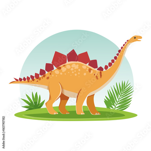 Cartoon Stegosaurus in Prehistoric Landscape. Dinosaur illustration with orange skin and red plates on grassy terrain with vegetation.