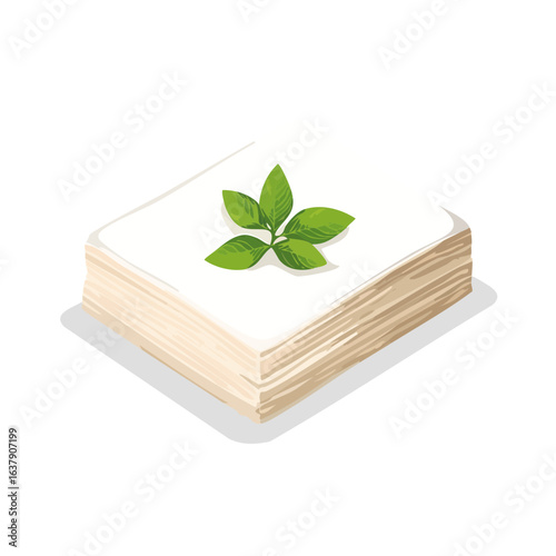 Block of Feta cheese with Basil sprig - White cheese decorated with herbs