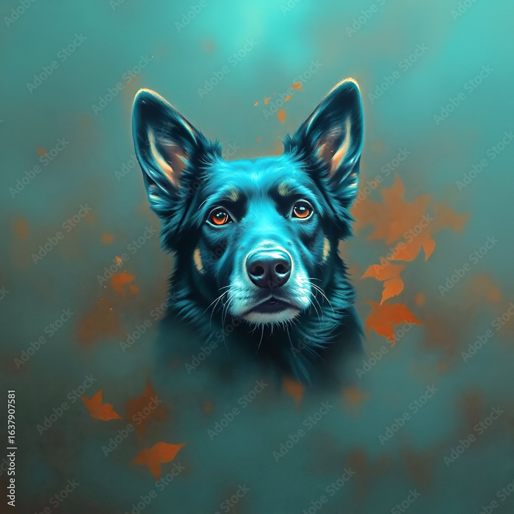 Fototapeta premium german shepherd Dog mystical Dog Portrait with Autumn Leaves, Mystical Digital Painting of a Black Dog with Amber Eyes and Falling Autumn Leaves in a Dreamy Teal Atmosphere,Hyper-Realistic Black Dog 