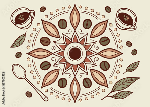 Coffee Mandala With Cups Beans And Spoon pattern decorative