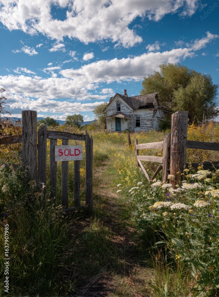 Naklejka premium An old weathered house sits behind a rustic wooden gate, a 