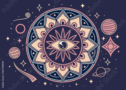 Pastel Cosmic Mandala with All Seeing Eye and Stars