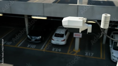Surveillance Camera Monitors Busy Multi-Level Parking Garage with Cars and Marked Stalls