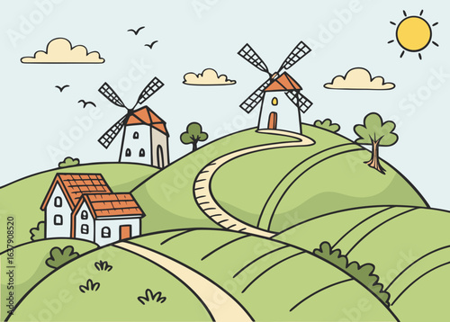 Two windmills on rolling hills with houses and sun