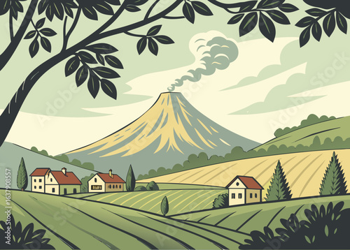 Volcanic landscape with rolling hills and farmhouses