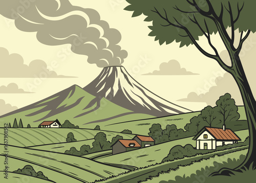 Volcano erupting smoke over a green countryside with a large tree