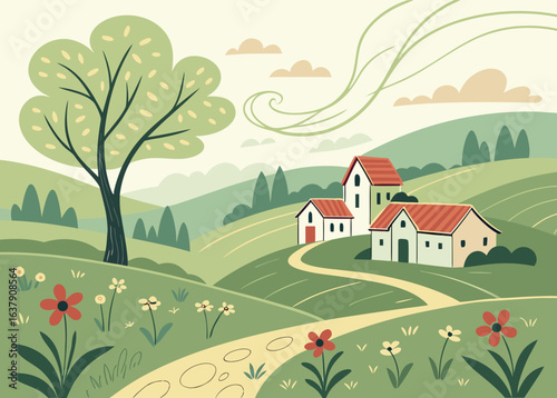 Whimsical landscape with houses and a large tree nature