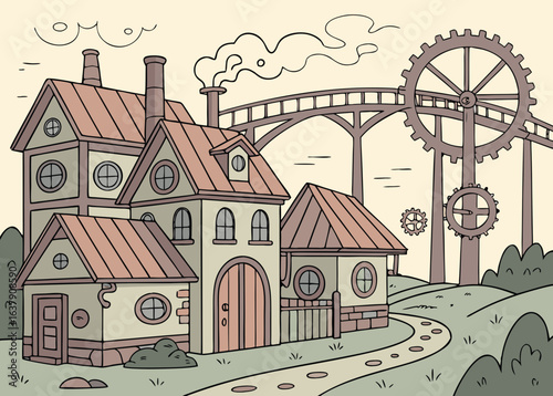 Whimsical steampunk village with gears and bridge houses
