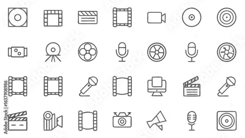 Illustration of various media and film related icons including cameras microphones speakers and film reels etc silhouette