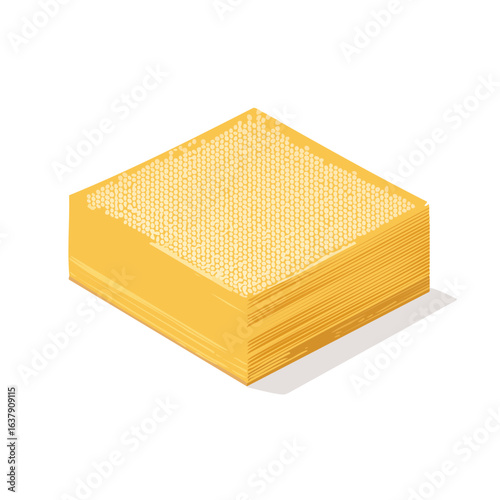 Isometric honeycomb illustration in warm yellow. Wax cells filled with fresh golden honey. Geometric honeycombs on black background.