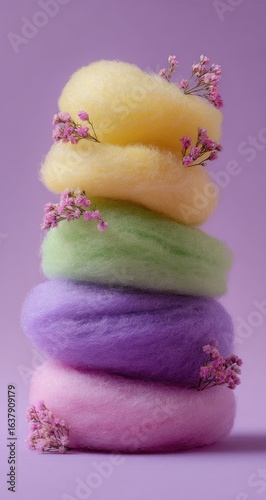 Stacked pastel-colored wool forms, adorned with small pink flowers, against a purple backdrop
