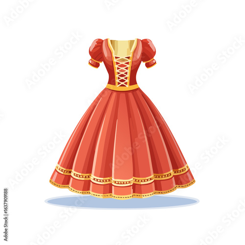 Elegant red dress with gold trim and laced bodice detail illustration