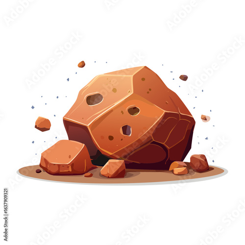 Cartoon asteroid fragment resting on sandy surface against a dark star-filled space backdrop
