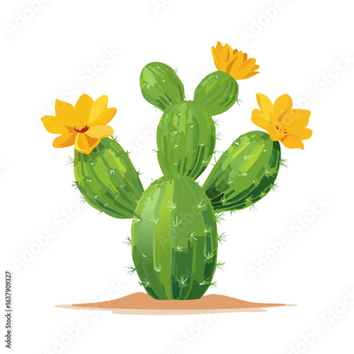 Flowering Cactus Illustration with Yellow Blooms on a Black Background