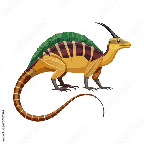 Cartoon Parasaurolophus Dinosaur Illustration, Prehistoric Animal Walking on Black Backdrop
