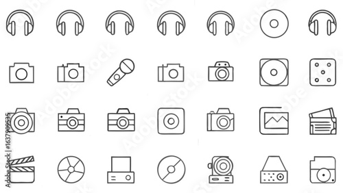 Illustration of multiple media related icons including headphones cameras microphone and various other objects silhouette