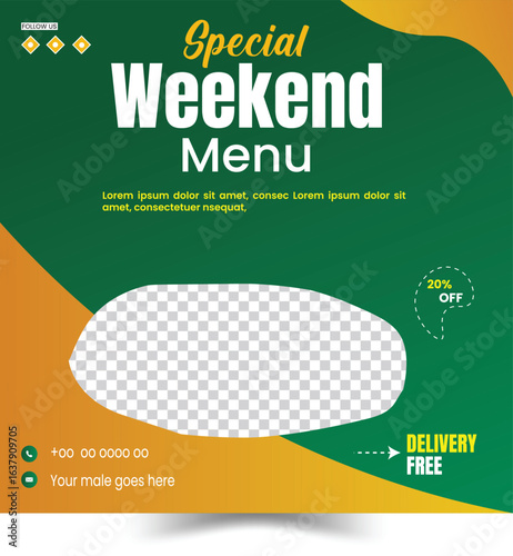 Modern Social Media Post Template for a Weekend Menu.This is a visually appealing social media post template designed for promoting a special weekend menu.