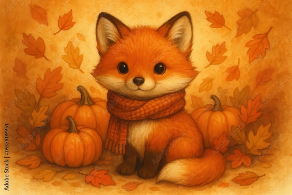 Fototapeta premium Cute Fox with Scarf Surrounded by Pumpkins and Leaves — Warm Tones