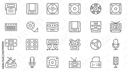Illustration showing a collection of retro media and audio equipment in a simple outline style design silhouette
