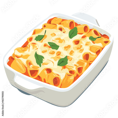 flat vector of a casserole dish with cheesy baked pasta