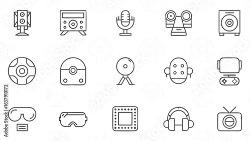 Illustration of various electronic devices including speakers microphone vr headset and other tech gadgets silhouette