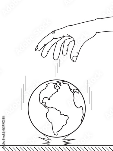 Hand dropping globe on white background, bounce, gravity test. Object falling down. Newton idea universal law. School, education lesson experiment. Weight and mass. Inertia, motion. Physics