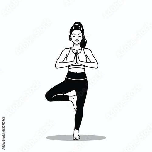 Minimalist black and white illustration of a woman in a yoga Tree Pose with a serene expression.
