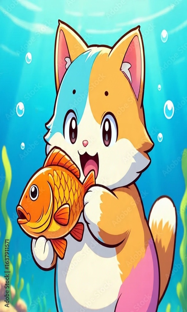 Fototapeta premium Tricolor cat catches fish