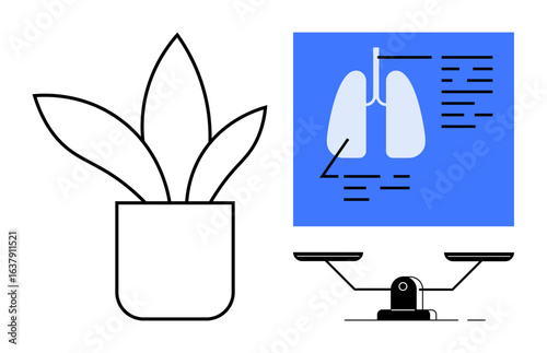 Potted plant symbolizing nature, lungs on screen for health analysis, and balancing scale for choices. Ideal for health, wellness, environment, balance, medical research, decision-making