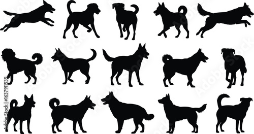 Collection of dog silhouettes in various poses and breeds