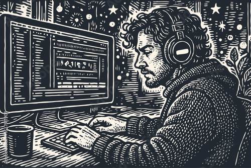 A programmer or creative professional works on a computer at night. Vector illustration in a vintage, hand-drawn woodcut or linocut style.