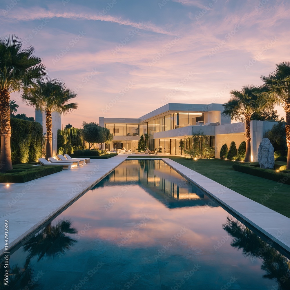 Fototapeta premium massive modern luxury villa with geometric architecture, full-height glass walls, expansive manicured lawn, infinity pool reflecting the sky, minimalist landscaping with trimmed hedges, elegant palm t