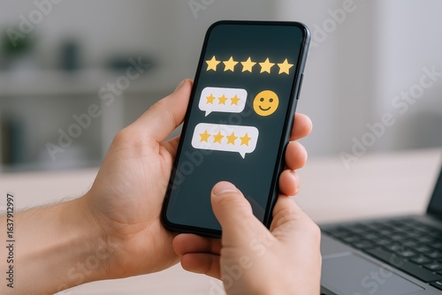 Wallpaper Mural Customer feedback with five star rating on mobile phone, positive reviews and client satisfaction concept Torontodigital.ca