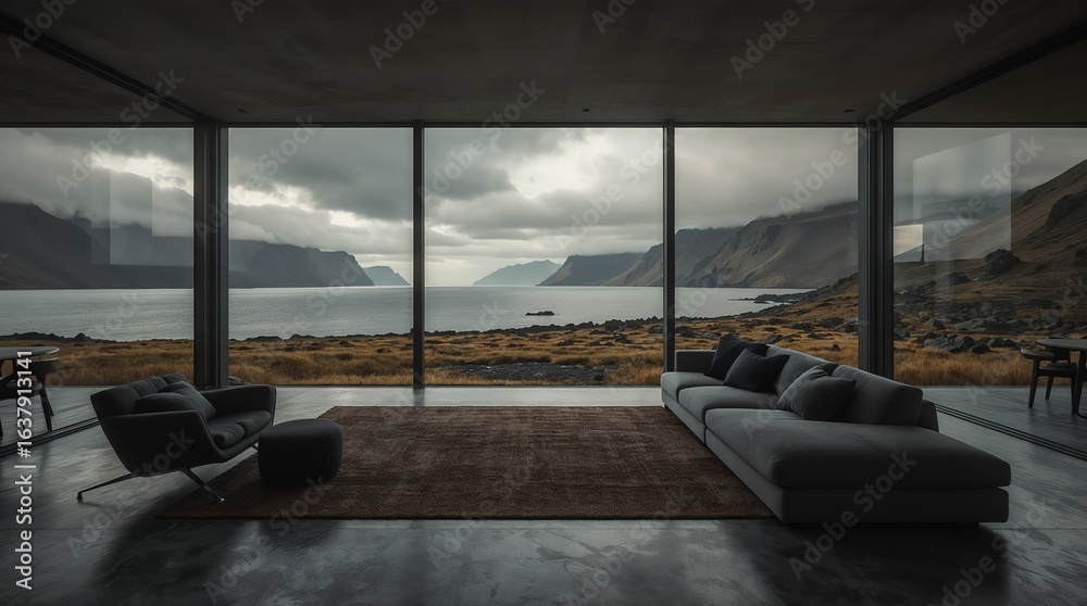 Fototapeta premium Modern Minimalist Living Room with Dramatic Fjord Mountain View Through Glass Walls