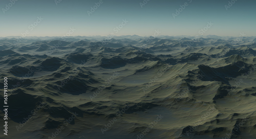 Fototapeta premium Serene expanse of rugged terrain under a hazy sky, evoking a sense of mystery and untouched