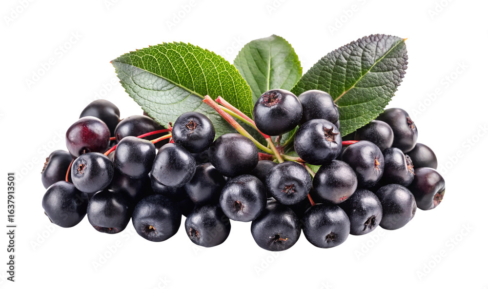 Aronia berries also known as chokeberries with fresh green leaves on white Aronia berries also known as chokeberries with fresh green leaves on white