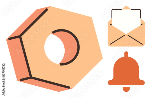 Geometric pencil sharpener, open email envelope with letter, and bell icon blend simplicity and functionality. Ideal for education, communication, creativity, notifications, stationery, alerts