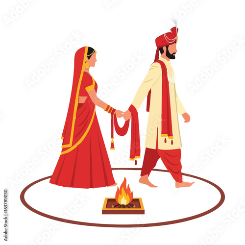 Minimal Hindu Wedding Saat Phere Fire Ritual Vector Illustration