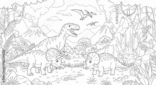 Prehistoric Scene Tyrannosaurus Rex and Triceratops in a Jurassic Landscape