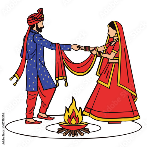 Minimal Hindu Wedding Saat Phere Fire Ritual Vector Illustration