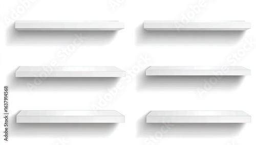 Empty white shelves against a white background.