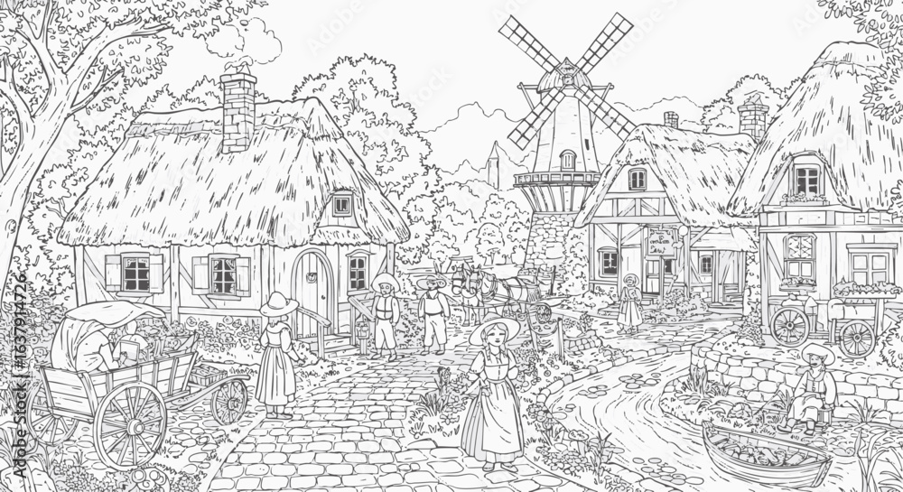 Obraz premium Enchanting Village Coloring Page Detailed Line Art of a Quaint European Town
