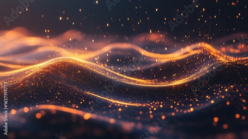 Abstract flowing particles and digital waves create a futuristic landscape with an orange glow