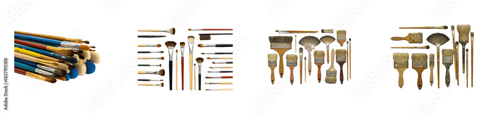 Fototapeta premium Art supplies collection creative studio set colorful tools overhead artistic expression. Cut out PNG set