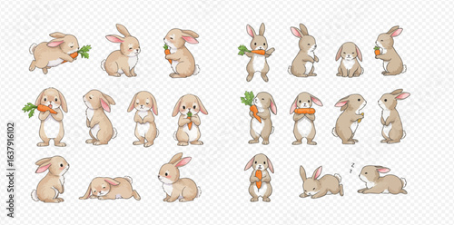 A charming collection of hand-drawn brown rabbits in various cute poses, some eating carrots, sitting, and lying down on a transparent background.