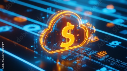 Futuristic cloud based technology with a digital money symbol for online banking and finance concept
