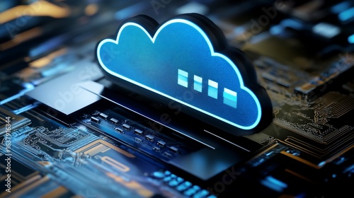 Futuristic cloud computing technology concept with a digital cloud icon on a circuit board background